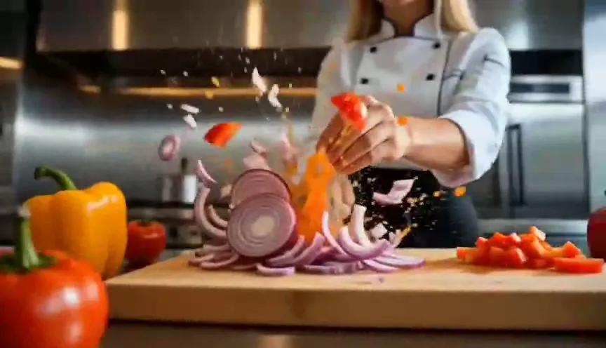 A chef prepares fresh ingredients in a cinematic food commercial.