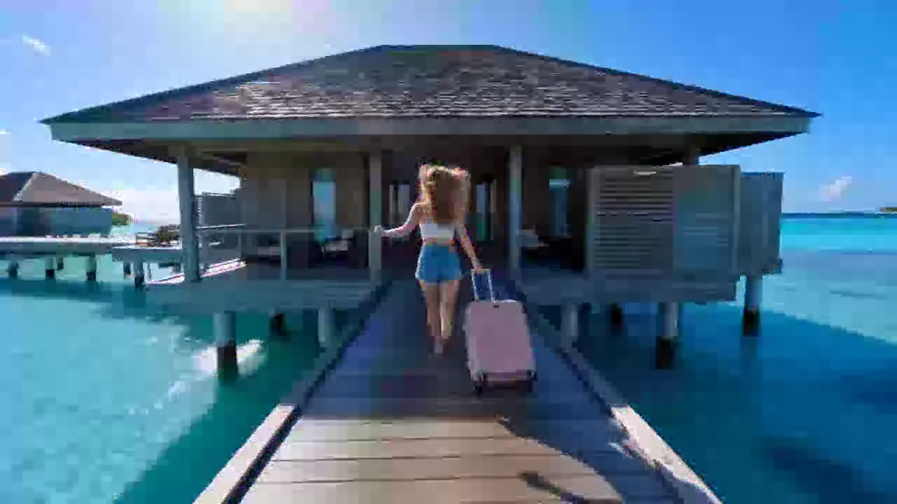 A traveler runs along a tropical boardwalk toward an overwater villa.
